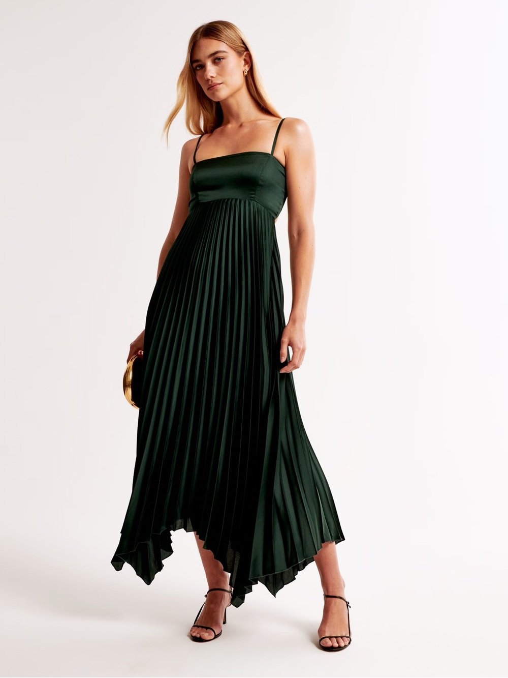 Abercrombie & Fitch Dark Green Pleated High-Low Slip Dress